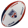 The Old Glory DC Supporter Ball by Gilbert is a white, red, and blue rugby ball with the team's logo and words "Passion," "Community," "Integrity," and "Respect"—perfect memorabilia for fans and collectors.