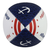 The Old Glory DC Supporter Ball by Gilbert features stitched blue and white panels; blue panels have white anchors, while white ones display red text, stars, and a target motif—an eye-catching rugby ball from Gilbert.