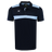 The Gilbert Photon II Polo features a navy blue design with a light blue chest stripe, a buttoned collar, and a white Gilbert logo. Made from lightweight fabric for all-day comfort.