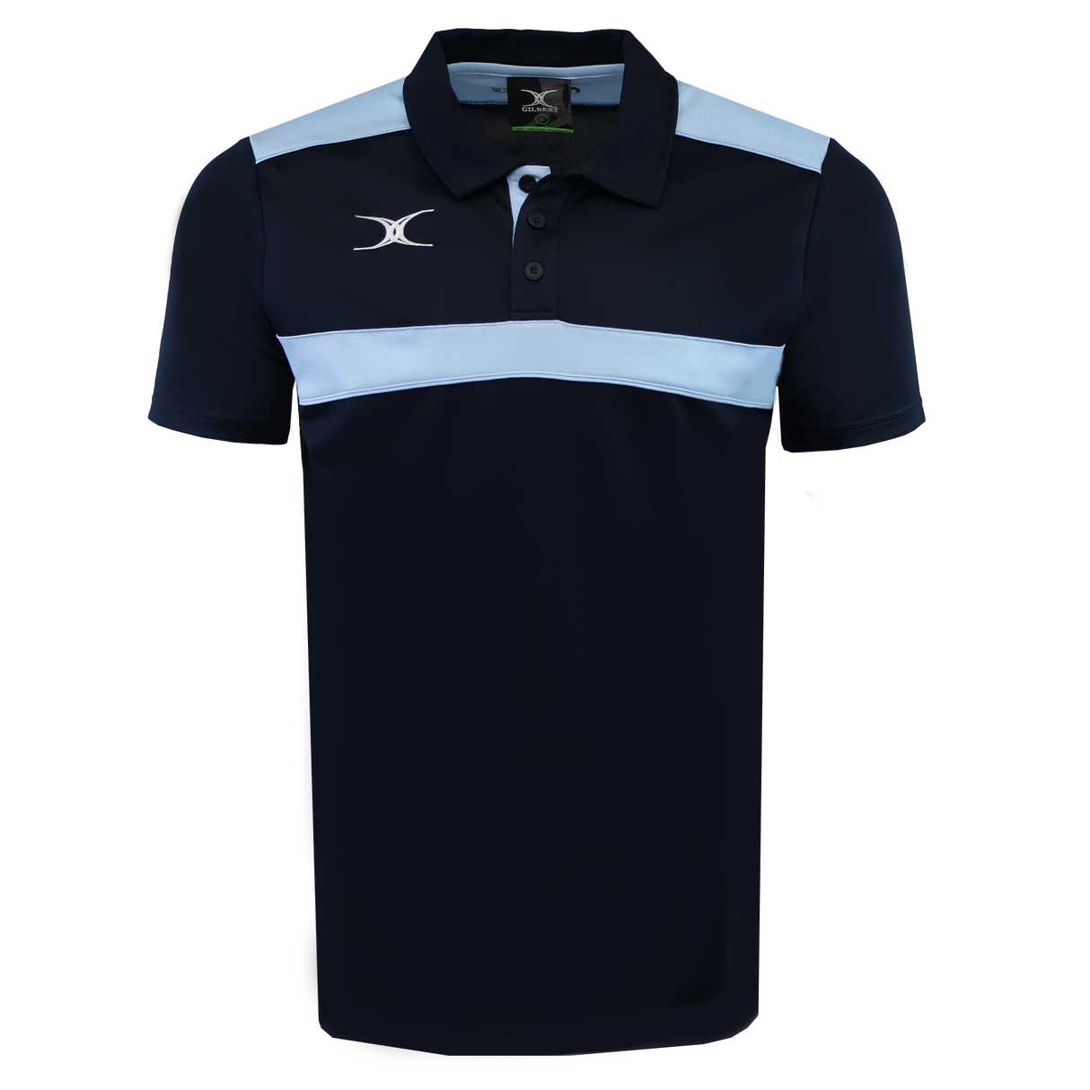 The Gilbert Photon II Polo features a navy blue design with a light blue chest stripe, a buttoned collar, and a white Gilbert logo. Made from lightweight fabric for all-day comfort.