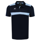 The Gilbert Photon II Polo features a navy blue design with a light blue chest stripe, a buttoned collar, and a white Gilbert logo. Made from lightweight fabric for all-day comfort.
