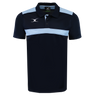 The Gilbert Photon II Polo features a navy blue design with a light blue chest stripe, a buttoned collar, and a white Gilbert logo. Made from lightweight fabric for all-day comfort.