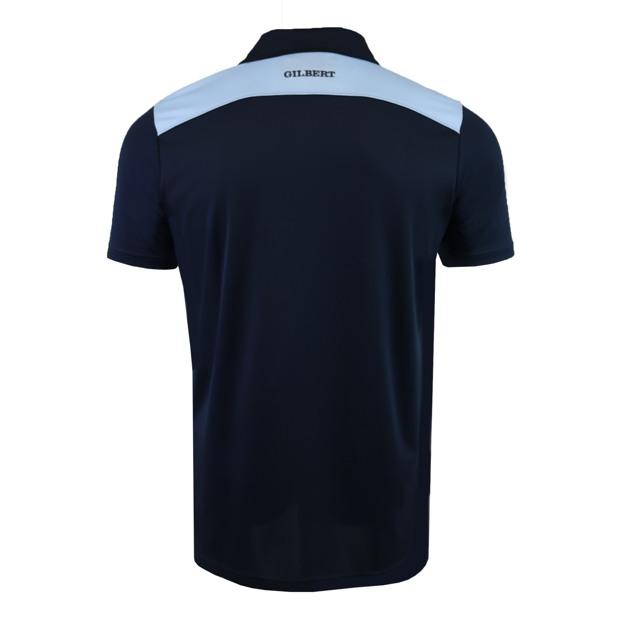 The Gilbert Photon II Polo is a navy blue short-sleeve polo with a light blue shoulder panel, "GILBERT" on the upper back, and lightweight, moisture-wicking fabric for all-day comfort.
