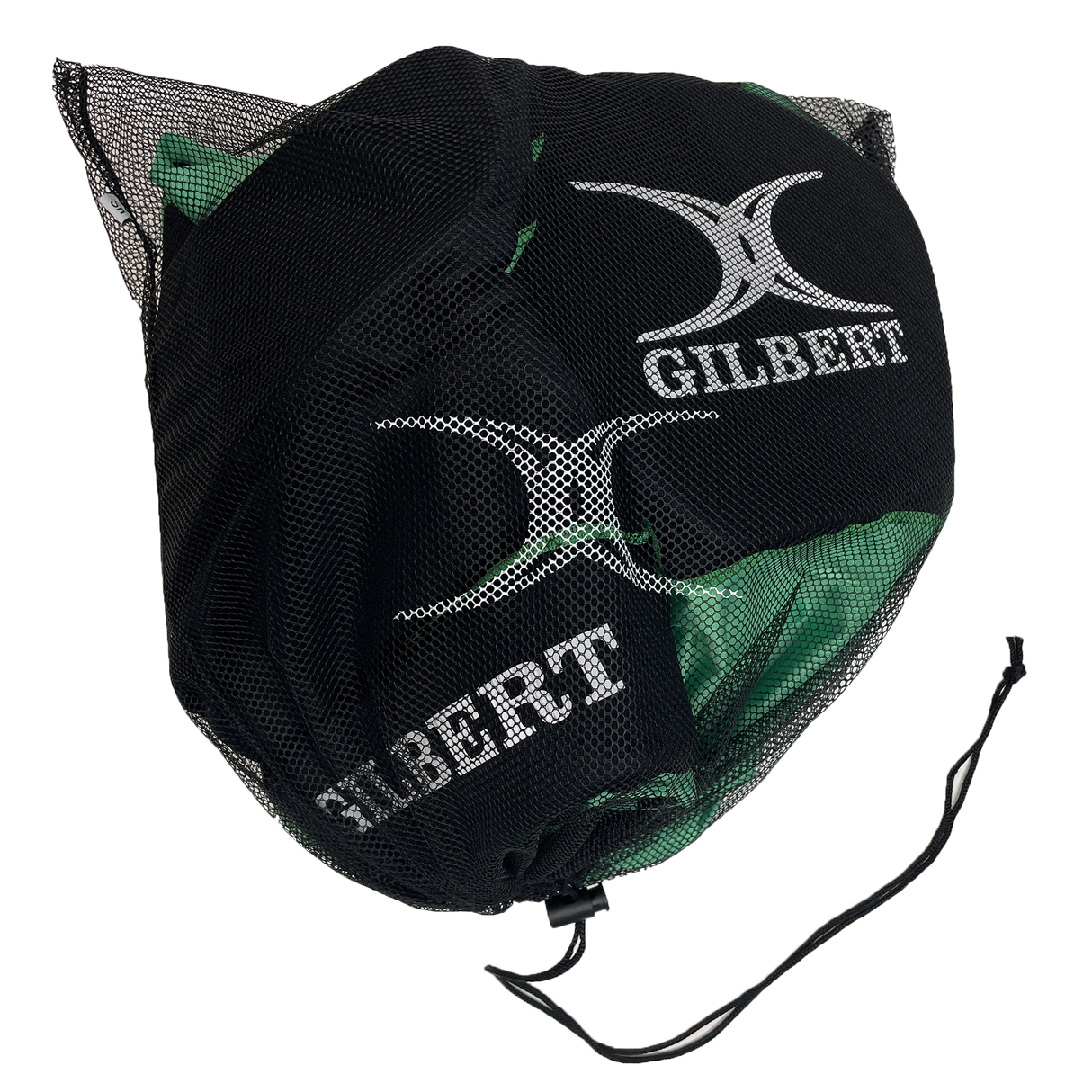A black mesh Gilbert drawstring bag holds sports balls and a padded Gilbert Contact Top Pro rugby shirt, all featuring the Gilbert logo.