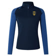 The Gotham Knights Women's Elite First Layer by Canterbury from EMB Canterbury is a long-sleeved navy and blue sports top with a quarter zip and a yellow and black crest on the left chest, designed from moisture-wicking honeycomb fabric to ensure comfort.