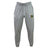 The Gotham Knights Leisure Sweatpant by Canterbury, from the brand EMB Canterbury, is crafted in gray recycled polyester and features an elastic waistband with a drawstring. It also displays a logo on the right leg and a small emblem on the left leg.