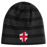 Just In: The Great Britain Shield Beanie by EMB Canterbury showcases a black and gray striped design with a British flag shield on the front.
