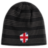 Just In: The Great Britain Shield Beanie by EMB Canterbury showcases a black and gray striped design with a British flag shield on the front.
