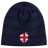 Introducing the EMB Canterbury Great Britain Shield Beanie: a blue knitted gem featuring a shield-shaped patch with a red, white, and blue cross design inspired by Great Britain's iconic flair.
