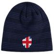 Introducing the EMB Canterbury Great Britain Shield Beanie: a blue knitted gem featuring a shield-shaped patch with a red, white, and blue cross design inspired by Great Britain's iconic flair.