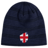 Introducing the EMB Canterbury Great Britain Shield Beanie: a blue knitted gem featuring a shield-shaped patch with a red, white, and blue cross design inspired by Great Britain's iconic flair.