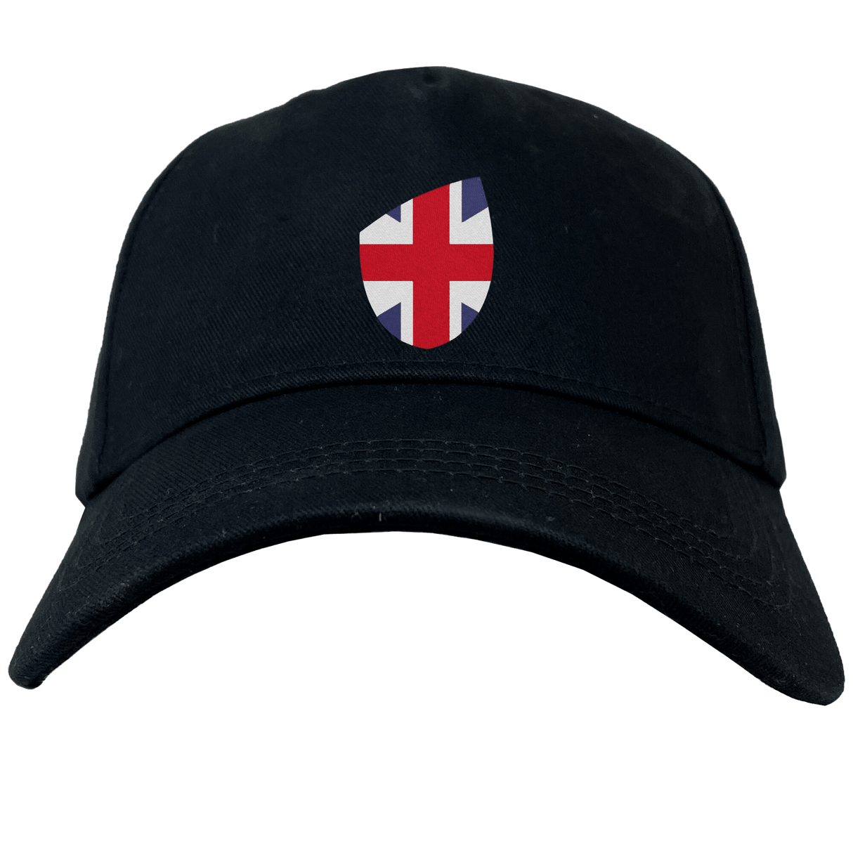 The EMB Canterbury Great Britain Shield Flex Drill Cap is a black cap featuring a British flag shield emblem on the front, perfect for showcasing your love for Great Britain.
