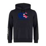 The Canterbury Great Britain CCC Flag Club Hoodie by WRS Canterbury is black, with the Union Jack on the chest and a CCC logo on the left sleeve, made from cozy sweatshirt fleece for ultimate comfort.