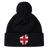 The EMB Canterbury Great Britain Shield Pom Pom Beanie combines style and iconic pride with a black design featuring a Great Britain flag patch on the front.