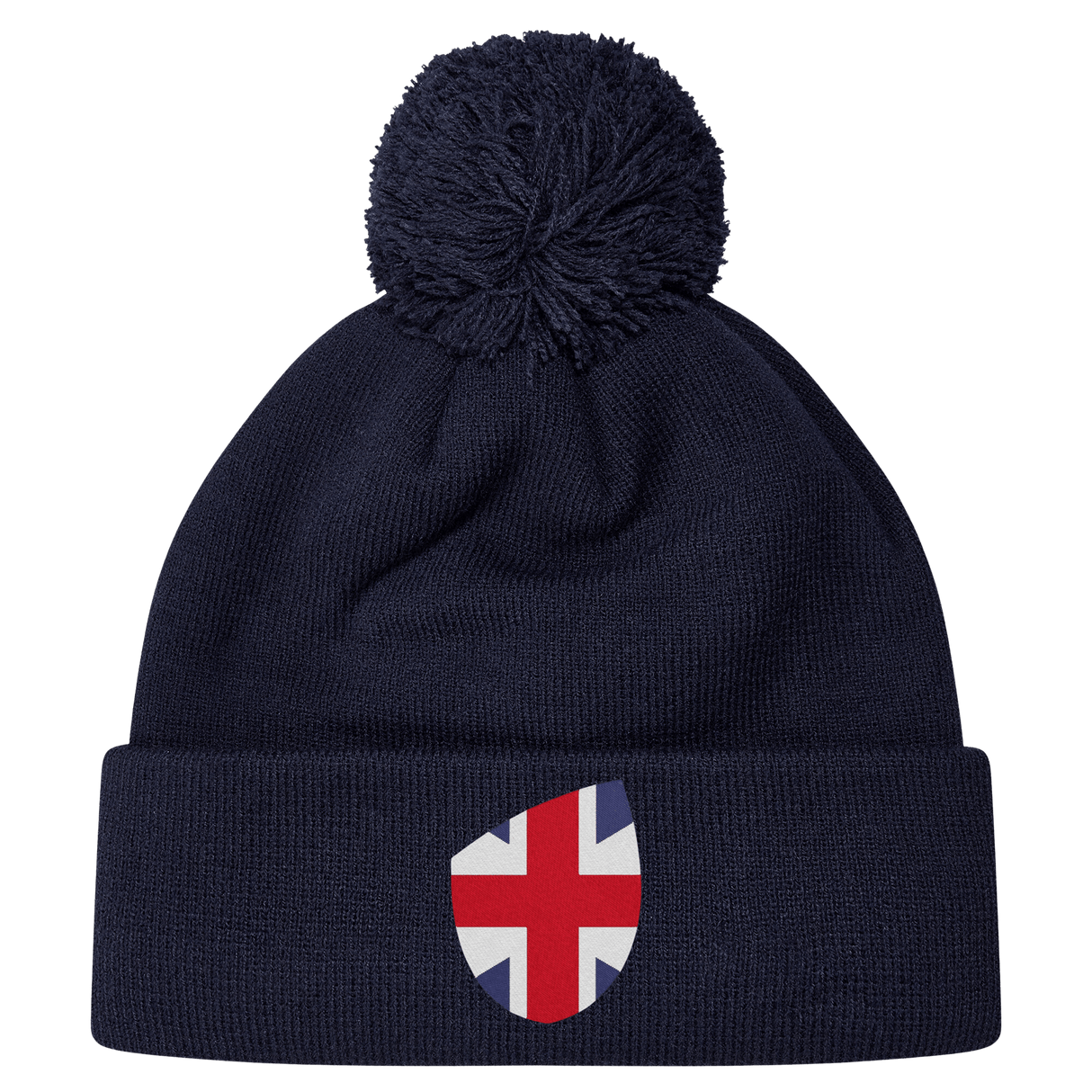 The EMB Canterbury Great Britain Shield Pom Pom Beanie is a dark blue knit hat featuring a pom-pom and a shield patch displaying the Union Jack, capturing the spirit of Great Britain.