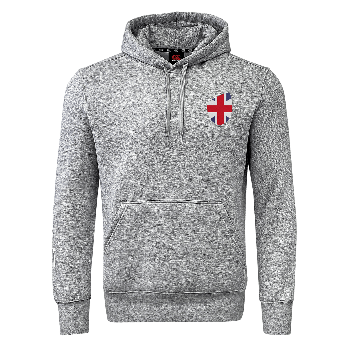 The EMB Canterbury Great Britain Shield Club Hoodie is a grey sweatshirt with a Union Jack heart emblem on the left chest, much like a classic Club Hoodie. It includes a front pocket and drawstrings for added style and comfort.