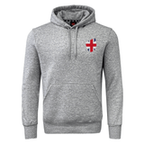 The EMB Canterbury Great Britain Shield Club Hoodie is a grey sweatshirt with a Union Jack heart emblem on the left chest, much like a classic Club Hoodie. It includes a front pocket and drawstrings for added style and comfort.