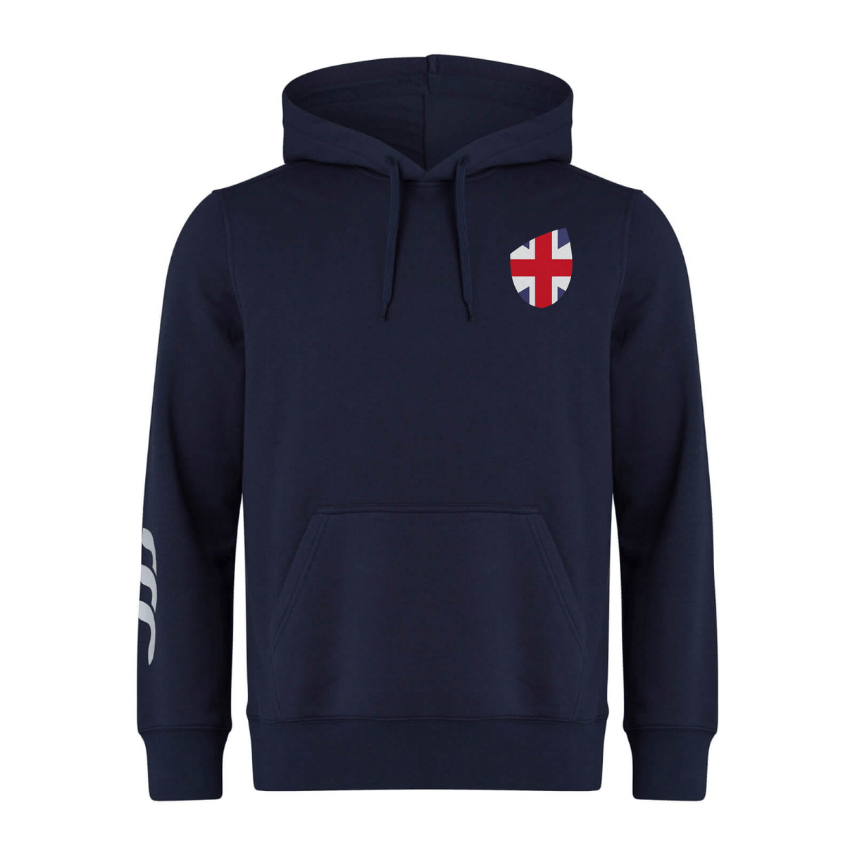 The EMB Canterbury Great Britain Shield Club Hoodie in navy features a front pocket, drawstring hood, and a chest patch with the Great Britain Shield. It also includes a stylish white stripe on one sleeve.