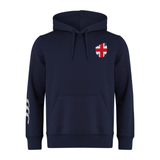 The EMB Canterbury Great Britain Shield Club Hoodie in navy features a front pocket, drawstring hood, and a chest patch with the Great Britain Shield. It also includes a stylish white stripe on one sleeve.