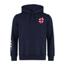 The EMB Canterbury Great Britain Shield Club Hoodie in navy features a front pocket, drawstring hood, and a chest patch with the Great Britain Shield. It also includes a stylish white stripe on one sleeve.