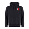 The EMB Canterbury Great Britain Shield Club Hoodie is a stylish black hoodie with a hood, drawstrings, and kangaroo pocket. It features the Great Britain Shield on the left chest and three white stripes on the right sleeve, along with subtle Canterbury branding.