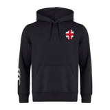 The EMB Canterbury Great Britain Shield Club Hoodie is a stylish black hoodie with a hood, drawstrings, and kangaroo pocket. It features the Great Britain Shield on the left chest and three white stripes on the right sleeve, along with subtle Canterbury branding.