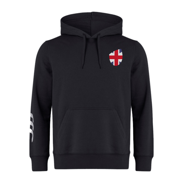 The EMB Canterbury Great Britain Shield Club Hoodie is a stylish black hoodie with a hood, drawstrings, and kangaroo pocket. It features the Great Britain Shield on the left chest and three white stripes on the right sleeve, along with subtle Canterbury branding.