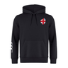 The EMB Canterbury Great Britain Shield Club Hoodie is a stylish black hoodie with a hood, drawstrings, and kangaroo pocket. It features the Great Britain Shield on the left chest and three white stripes on the right sleeve, along with subtle Canterbury branding.