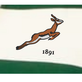 A leaping antelope above "1891" is centered on a white background with green borders, reflecting the EMB Augusta Women's Vintage South Africa Prep Street Rugby Crop and celebrating classic South Africa rugby heritage.