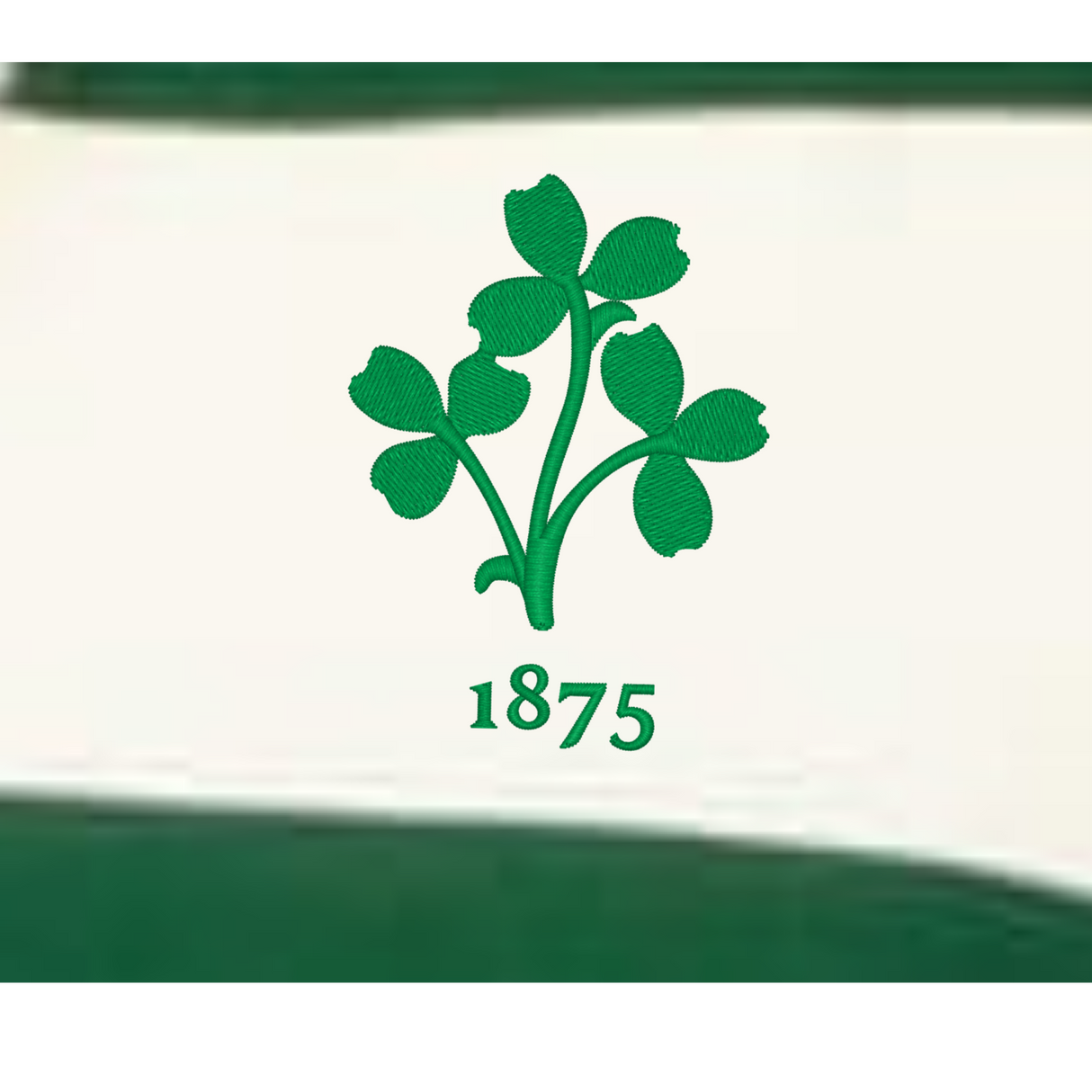 A green shamrock with "1875" beneath it is centered on a white background bordered by green stripes—perfect for fans of the EMB Augusta Women's Vintage Ireland Prep Street Rugby Crop.
