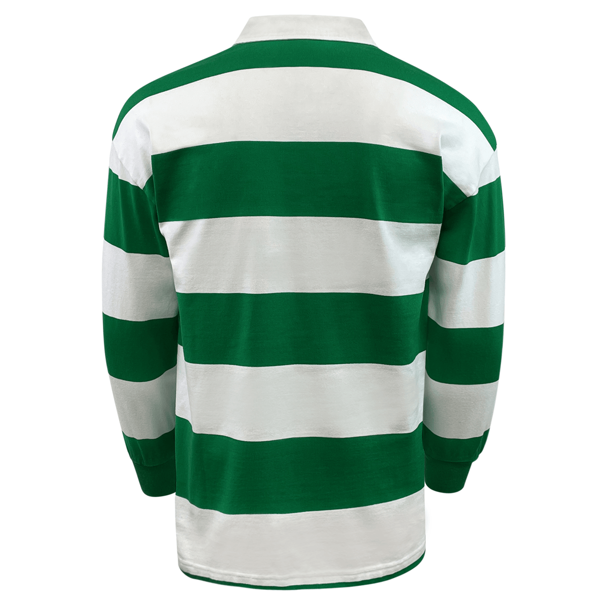 A green and white horizontally hooped Classic Long Sleeve Hooped Rugby Jersey by Mudoo displayed against a white background.