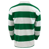 A green and white horizontally hooped Classic Long Sleeve Hooped Rugby Jersey by Mudoo displayed against a white background.