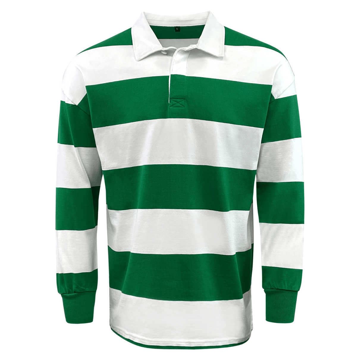 Green and white striped Classic Long Sleeve Hooped Rugby Jersey by Mudoo.