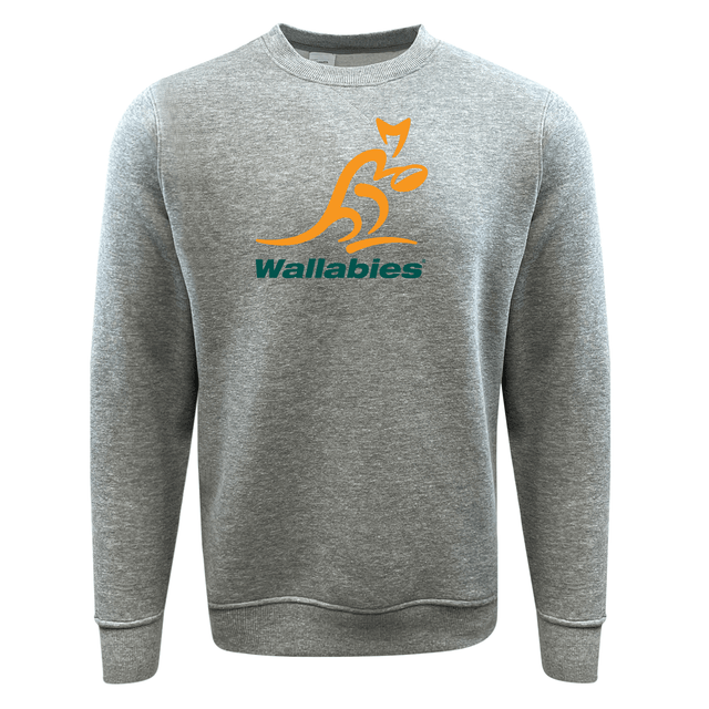 A comfortable grey Wallabies Fleece Crewneck Sweatshirt featuring the word "Wallabies" on it, combining both comfort and style from WRS Augusta.