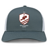 The West Potomac RFC Retro Trucker Cap by EMB S&S Activewear features a gray and white design with an embroidered beaver logo, star, and "1963 West Potomac Rugby" on the front, plus a classic snapback closure.