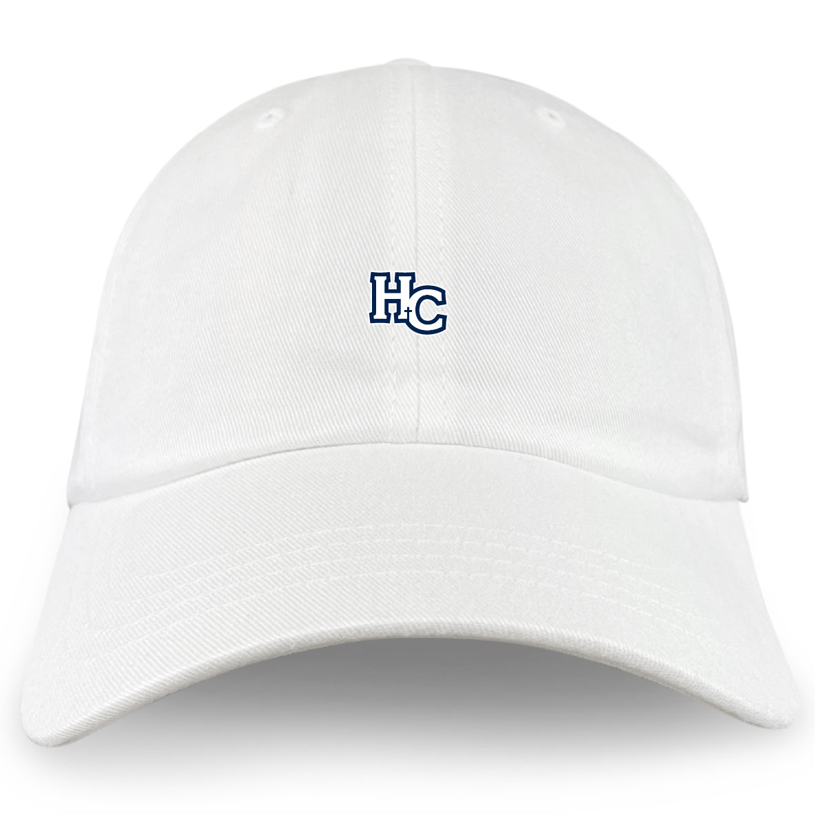 The Holy Cross Adult Low-Profile Cotton Twill Dad Cap by EMB S&S Activewear features white cotton twill with a small blue "HC" embroidered on the front center.