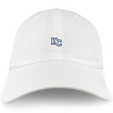 The Holy Cross Adult Low-Profile Cotton Twill Dad Cap by EMB S&S Activewear features white cotton twill with a small blue "HC" embroidered on the front center.
