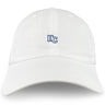 The Holy Cross Adult Low-Profile Cotton Twill Dad Cap by EMB S&S Activewear features white cotton twill with a small blue "HC" embroidered on the front center.