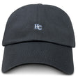 The Holy Cross Adult Low-Profile Cotton Twill Dad Cap by EMB S&S Activewear is a black hat with a small white and blue "HC" team logo embroidered on the front center.