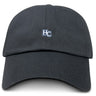 The Holy Cross Adult Low-Profile Cotton Twill Dad Cap by EMB S&S Activewear is a black hat with a small white and blue "HC" team logo embroidered on the front center.