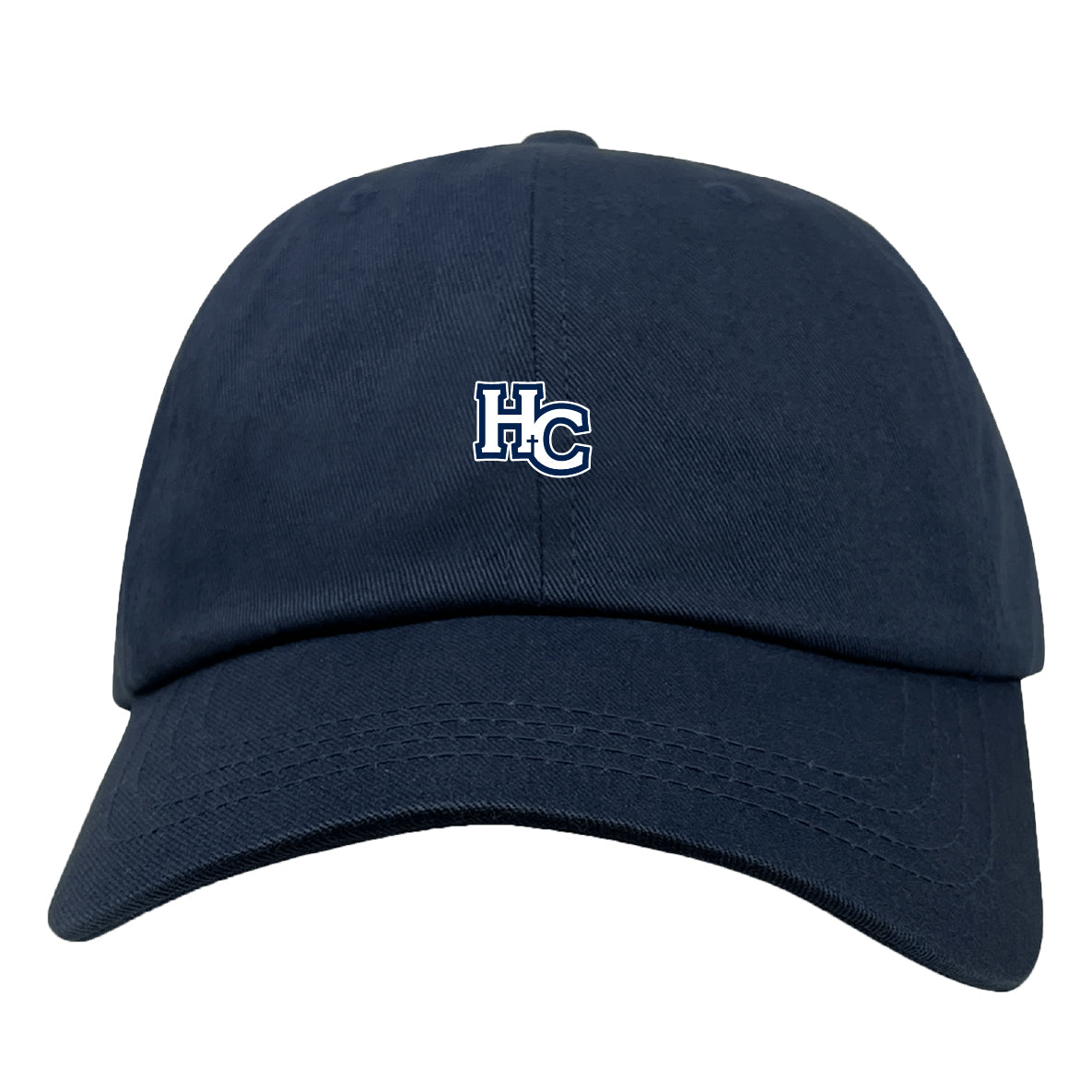 The Holy Cross Adult Low-Profile Cotton Twill Dad Cap by EMB S&S Activewear is a navy blue hat with a small white and blue "HC" embroidered on the front.