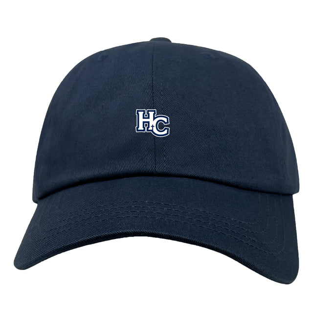 The Holy Cross Adult Low-Profile Cotton Twill Dad Cap by EMB S&S Activewear is a navy blue hat with a small white and blue "HC" embroidered on the front.