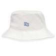 The Holy Cross Crusher Bucket Cap by EMB S&S Activewear is a white cotton twill hat featuring a small blue "HC" logo embroidered on the front for stylish sun protection.