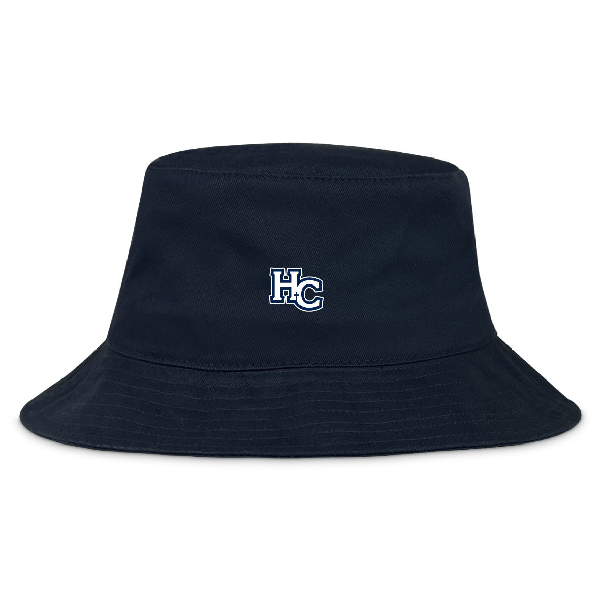 The Holy Cross Crusher Bucket Cap by EMB S&S Activewear is a black cotton twill hat featuring "HC" in white and blue embroidery on the front, blending classic style with sun protection.