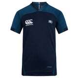 The EMB Canterbury Holy Cross Vapodri Evader Jersey features a navy and dark blue design, short sleeves, "Canterbury" and "HC" chest logos, "Vapodri" near the hem, and advanced moisture-wicking technology for superior comfort.