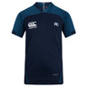 The EMB Canterbury Holy Cross Vapodri Evader Jersey features a navy and dark blue design, short sleeves, "Canterbury" and "HC" chest logos, "Vapodri" near the hem, and advanced moisture-wicking technology for superior comfort.
