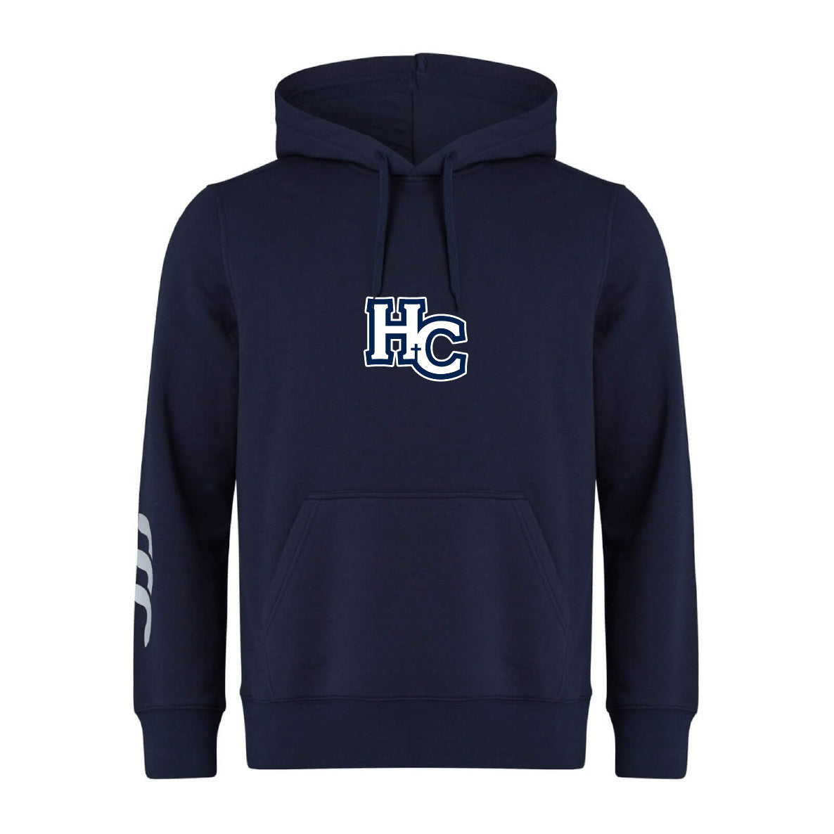 The Holy Cross Club Hoodie by Canterbury features a navy design with front pocket, drawstring hood, "HC" chest logo, and three white stripes on the left sleeve. Brand: WRS Canterbury.
