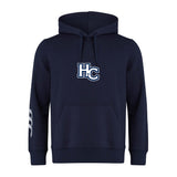 The Holy Cross Club Hoodie by Canterbury features a navy design with front pocket, drawstring hood, "HC" chest logo, and three white stripes on the left sleeve. Brand: WRS Canterbury.