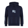 The Holy Cross Club Hoodie by Canterbury features a navy design with front pocket, drawstring hood, "HC" chest logo, and three white stripes on the left sleeve. Brand: WRS Canterbury.