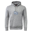 The Holy Cross Club Hoodie by Canterbury from WRS Canterbury features a gray classic rugby hoodie style with a front pocket and a blue and white "HC" logo on the chest.
